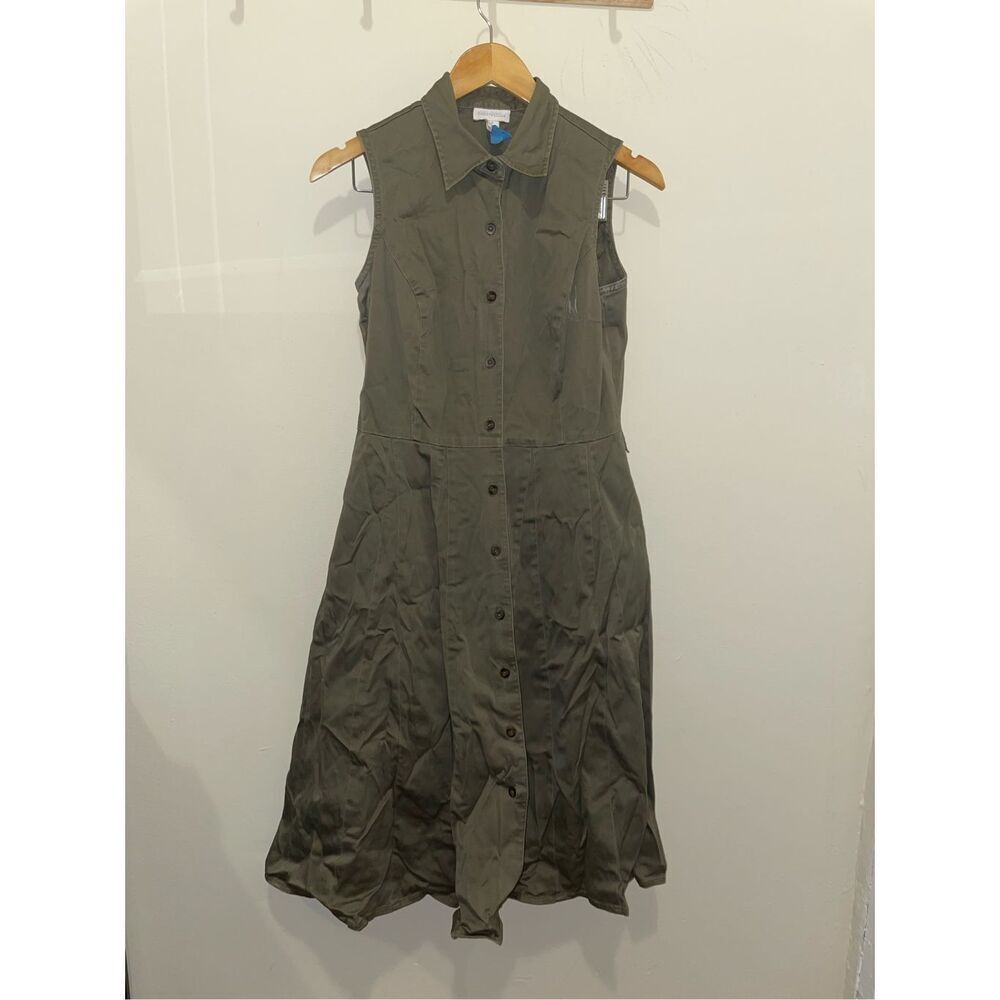 Vintage charter club button down olive green sleeveless collar dress size 8